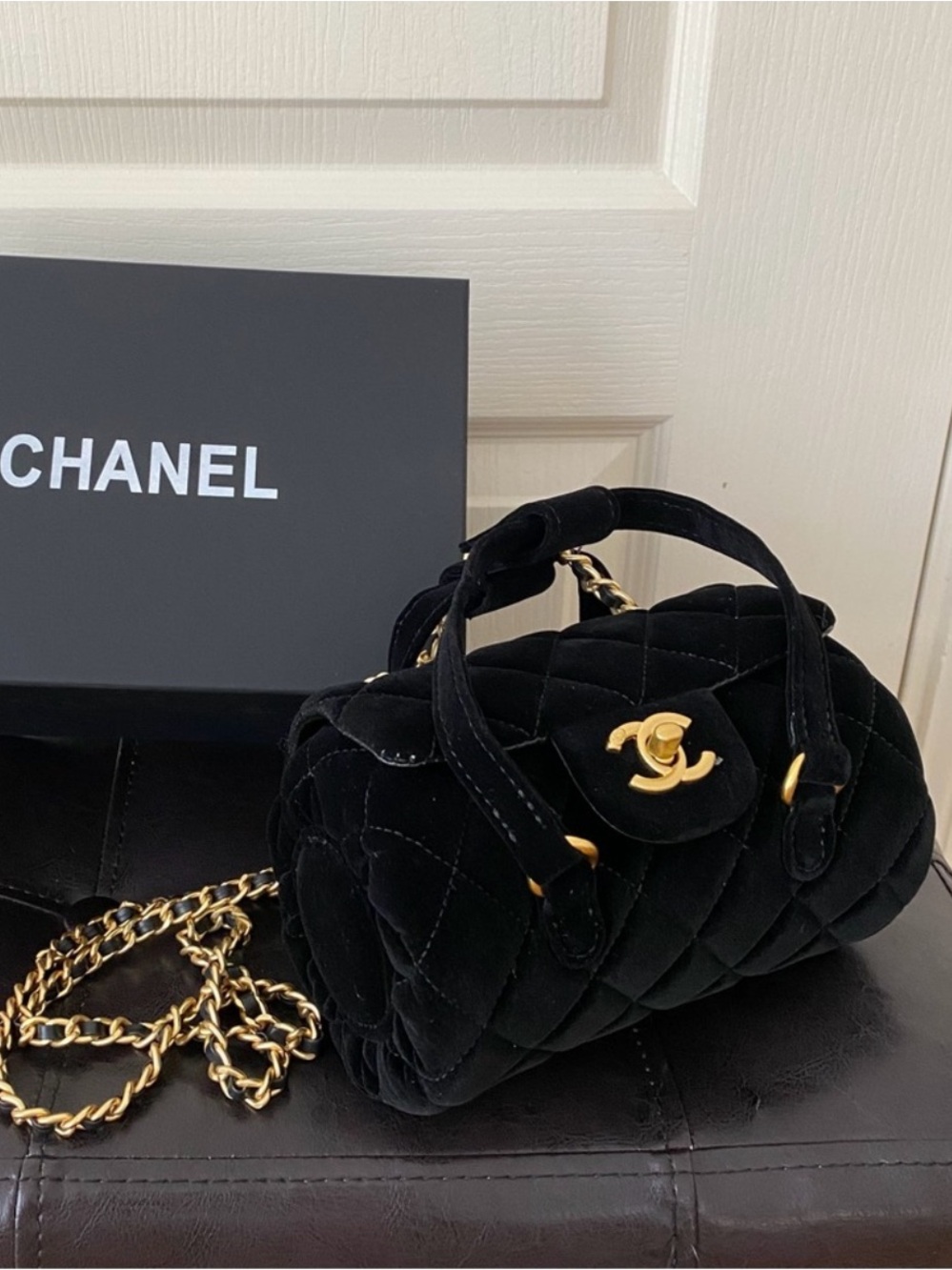 Brand New Chanel Made in Italy GWP Black Quilted Velvet Bowling Crossbody Bag